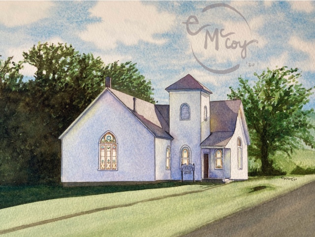 Preach, Osgood, MS. Painting by Erika McCoy, watercolor artist. White historic church in Mississippi.